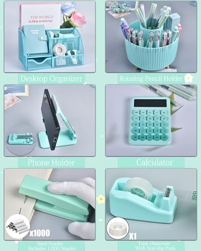LXEVIHK Green and Blue Desk Accessories 21-Piece Office Supplies Gift Set - color: green+blue