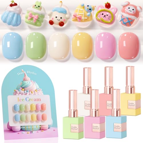 Double Rhythm 6 Pcs 15 ML Gel Polish Set Same Color Same Bottle Soak Off Gel Polish Kit Nail Art Manicure Salon DIY at Home for Women (Blue Green Beige Yellow Pink Orange-T6-9) - color: Ice Cream