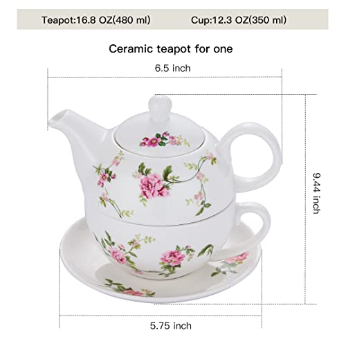 Tea for One Set, Teapot and Cup Set, Rattan Flower Design - color: Pink flower