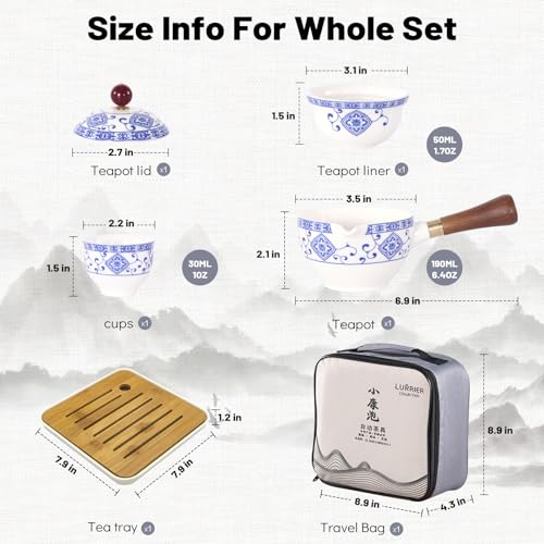 LURRIER Porcelain Chinese Gongfu Tea Set,Portable Teapot Set with 360 Rotation Tea maker and Infuser,Portable All in One Gift Bag for Travel,Home,Gifting,Outdoor and Office (Floral White) - color: Floral white