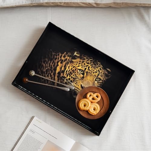 Serving Tray with Handles, 15.7 * 11.8 inches, Plastic Ottoman Tray with Exquisite Paintings, Trays for Coffee Table - color: Leopard