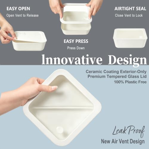 Urban Green Ceramic Coated Glass Food Storage Container with Airtight Glass Lid, Square Meal Prep Container, 20oz, 39oz, 65oz, microwave and Oven Safe, Non-Toxic Lunch Box, Cream color - color: Coconut Cream-3S