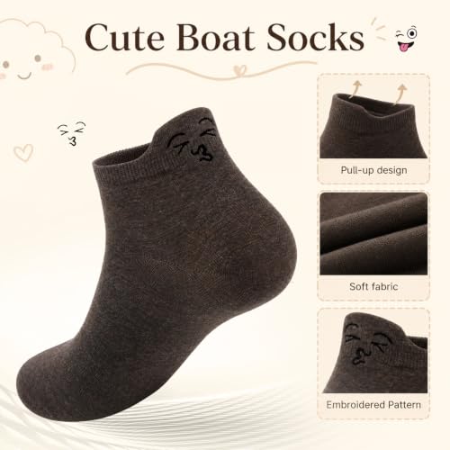 10 Pairs Cute Kawaii Embroidered Low Cut Ankle Socks - color: Muted Neutral Wide-eyed Face