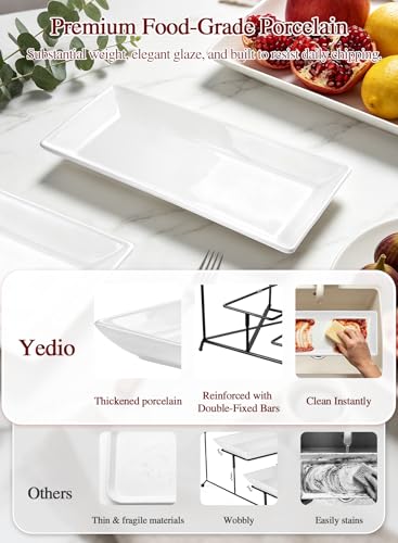 3 Tier Serving Tray Set 14 Inch Porcelain Tiered Serving Trays Platters, Collapsible Sturdier Stand with Stable Cross Bars, Three Layer Serving for Party Entertaining Food Display Fruit Dessert - color: Black, size: 15" x 13" x 9"