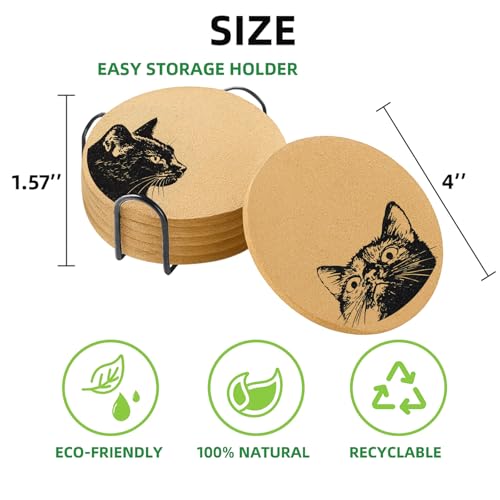 Coasters for Drinks with Holder Set of 6, Curious Cat Cork Coaster Absorbent for Office Desk Cat Table Coasters Kitchen Decor House Warming Gifts for New Home Couples, Round 4" - color: Cat003