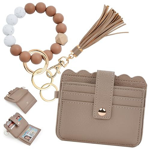 Wristlet Wallet for Women with Keychain – RFID Card Holder Small Wallet Wristlet with Key Ring - color: Khaki, style: Classic