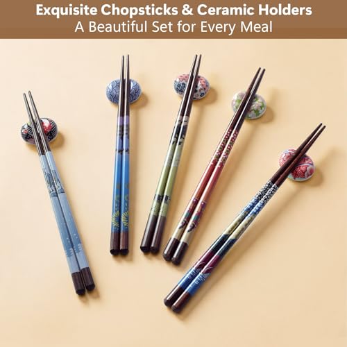 Antner 5 Pairs Reusable Wooden Chopsticks & Ceramic Rests Set, 8.8 Inch/22.5cm Classic Japanese Style Chop Sticks with Chopstick Holders for Ramen Sushi Asian Cuisine Lovers, Black Gift Box - color: Japanese Classic Figure Chopsticks Set