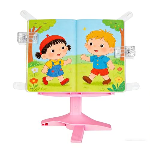 Book Stand for Desk, Kids Book Stand Adjustable Shelf Thick Base Foldable Riser Holder, Portable Desktop with Elastic Page Clips Gift for Children (Pink) - color: Pink