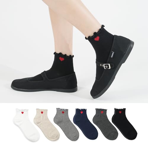 Womens Cotton Crew & Ankle Socks, Cute Floral Ruffle Colorful Tube Size 6-9 - color: Ruffle Heart