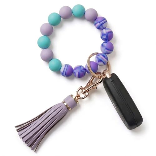 BIHRTC Key Ring Bracelet Car Keychain Holder Wristlet Silicone Women Beaded Bangle Chains - color: Purple Wavy