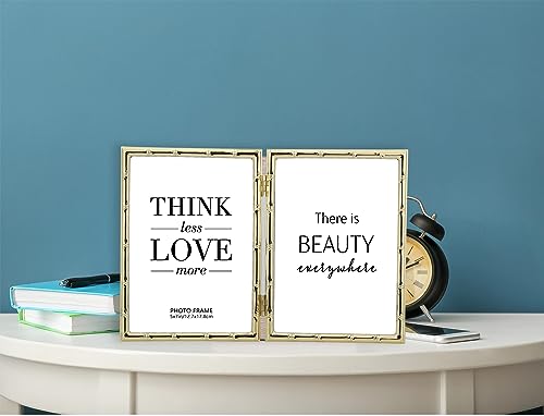 YiPinYin Gold 5x7‘’ Bamboo Detail Design Double Picture Frame,Elegant Narrow Profile Gold Plated Photo Frames With Soft Touch Velvet Backing for Desktop and Shelf Decor - color: Gold, size: 5x7Inch Double