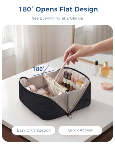 Makeup Bag for Women, Open Flat Puffy Organizer with Wipe-Clean PVC Lining - color: Black