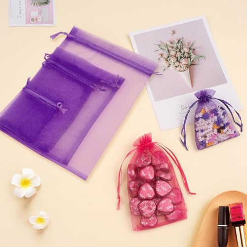 50PCS Purple Organza Bags 3x4, Organza Small Gift Bags Mini Sheer Clear Mesh Sachet Potpourri Jewelry Pouches Drawstring for Candy Treat Wedding Birthday Halloween Party Favors - color: Purple