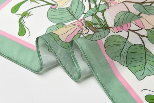 100% Mulberry Silk Scarf - 21" Square Lightweight Neckerchief, Gift Packed - color: Green-flowers