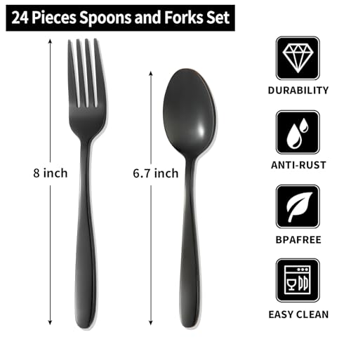 24PCS Forks and Spoons, Stainless Steel Black Spoons and Forks Set for 12 - color: Black
