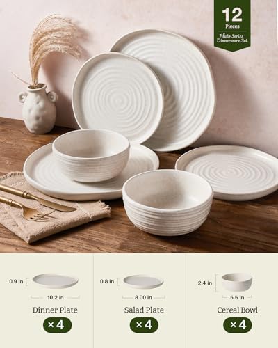 Famiware Pluto 12-Piece Stoneware Dinnerware Set, Matte Beige White - color: Beige White Matte, size: Service for 4 (Standard Dinner Set)