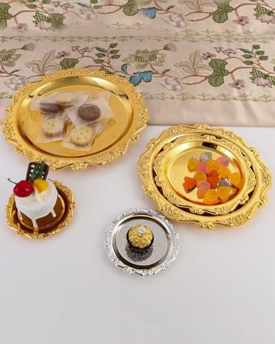 Round Decorative Tray 9.8in Metal Dessert Plates Vintage Coffee Table Tray for Snacks Fruit Gold - color: Gold, size: 9.8"