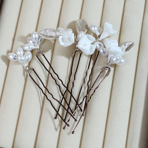 Handmade Pearl Bridal Wedding Hair Pins 6Pcs White Ceramic Flowers Gold Leaf Pearls Clips Wedding Hair Accessories for Women Brides Bridesmaid (Set-C-Bronze) - color: Set-C-Bronze