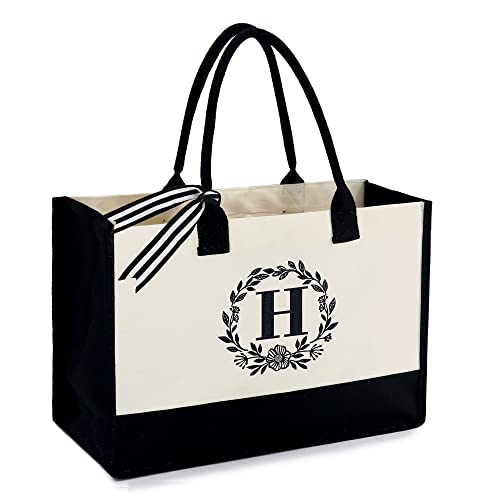 BeeGreen Embroidery Monogram Initial Tote Bag for Women Teacher Mom Friend Personalized Gift for Birthday Beach Work Wedding - color: Black With Natural, style: H