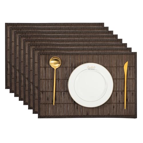 Bamboo Placemats Set of 8 with Fabric Border, Table Mats, Coffee - color: Coffee Color, size: Set of 8