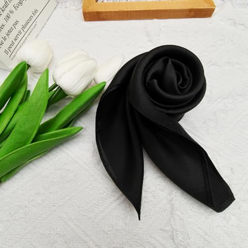 100% Mulberry Silk Neck Scarf for Women Square Neckerchief – 21 inch - color: Black