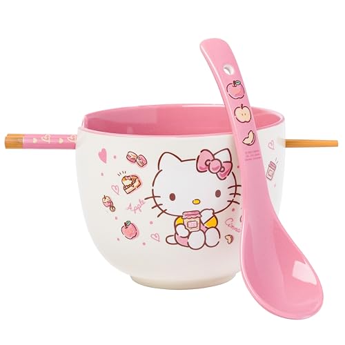 Silver Buffalo Sanrio Hello Kitty, Ceramic Ramen Bowl with Chopsticks, 20oz - color: Hello Kitty Apples and Cinnamon, size: 20 Ounces (With Spoon)
