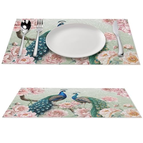 Floral Bird Placemats Set of 4, 12x18 Inch Vintage Peacock Peony Flower Green Baroque Luxury Boho Seasonal Spring Holiday Coffee Table Mats for Party Kitchen Dining Decoration - color: Pm-floral Bird06, size: 4pcs