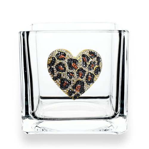 THE QUEENS' JEWELS Leopard Heart Jeweled 4x4 Candle Holder Vase - Unique Gift for Women, Birthday, Cute, Fun, Cocktail, Queen, Not Painted, Decorated, Bling, Bedazzled, Rhinestone - color: Leopard Heart