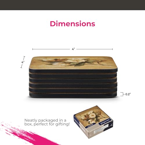 Pimpernel Sugar Magnolia Coasters Set – 4" Cork-Backed Board with Lacquered Finish, Heat & Stain Resistant up to 212°F, Elegant Southern Floral Design for Dining & Coffee Tables - size: 4" x 4" Square, style: Sugar Magnolia