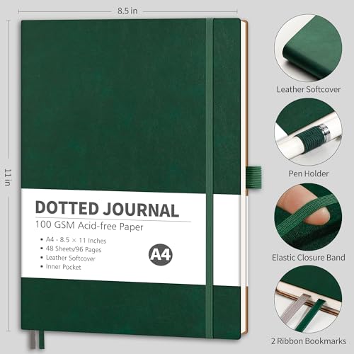 RETTACY Dotted Journal Notebook, 96 Pages, A4 Large Size (8.5'' x 11'') - color: Dark Green, style: Dotted