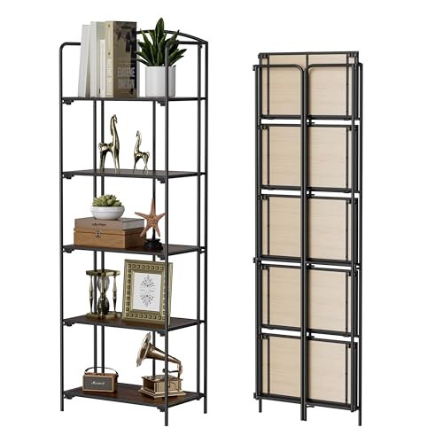 Crofy 5-Tier Foldable Bookshelf, Black Frame & Walnut Shelves - color: Black Frame & Walnut Shelf, size: 5 Tier