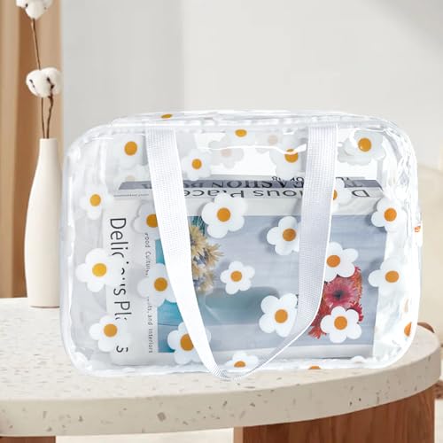 Clear Daisy Printed Cosmetic Bag and LargeTravel Pouch 11.81''x4.33''x8.27'' Size with Handle-Durable PVC Material,Versatile,Zipper Design for Makeup (White Floral#2-L) - color: A230023-5265-02-L