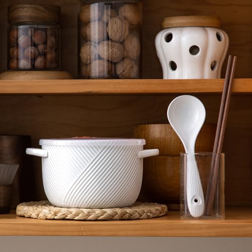 Ceramic Ramen Bowl with Lid, 32oz Microwave Safe, White - color: White