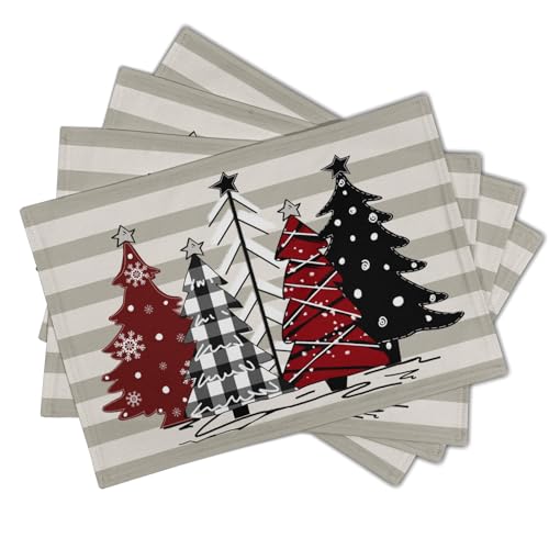 Xmas Tree Placemats Set of 4 Red Black Buffalo Plaid Pine Tree Non-Slip Washable Place Mats Stripe Decoration Table Mats 12 x 18 Inch for Winter Tabletop Holiday Party - color: Red Black Plaid Tree