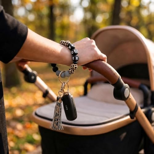 BIHRTC Key Ring Bracelet Car Keychain Holder Wristlet Silicone Women Beaded Bangle Chains - color: Mom Black Leopard