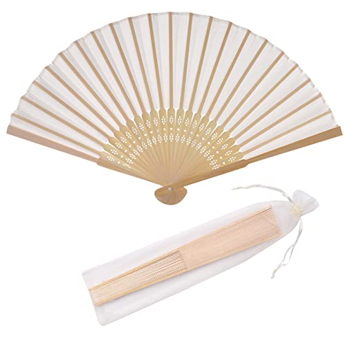 24pcs Imitated Silk Hand Fan Imitated Silk Fabric Bamboo Handheld Folded Fan Bridal Dancing Props Church Wedding Party Favors with Organza Bags (Cream) - color: Cream