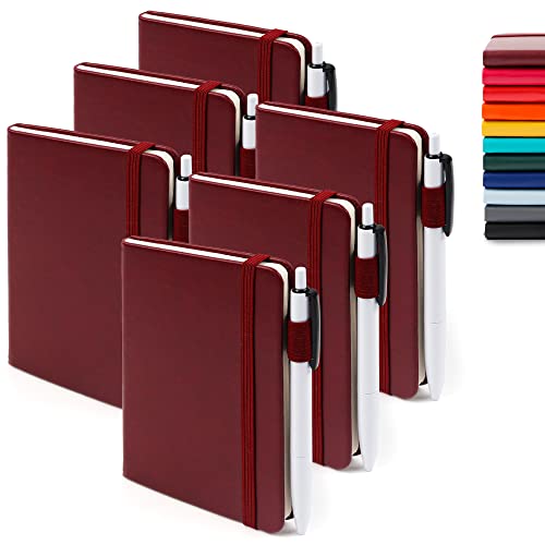 6 Pack Pocket Mini Notebooks Bulk, Feela Small Cute Memo Notepads Hardcover College Ruled Lined Journals with Pen Holder for School Business Work, with 6 Black Pens, 3.5”x 5.5”, A6, Wine - color: A6 6 Wine