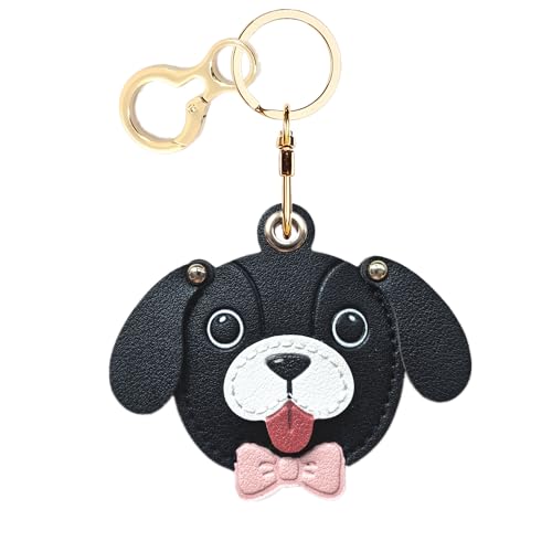 BORKUANA PU Leather Keychain holder Protective Case Compatible with AirTag - color: Black Dog