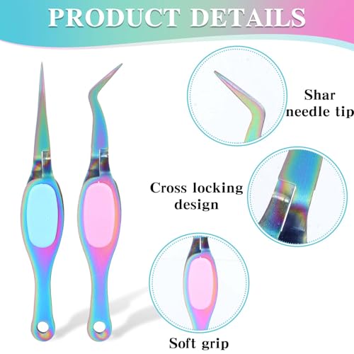 Ymapinc 2PCS Stainless Steel Precision Tweezers, Curved & Straight Tips - color: Rainbow