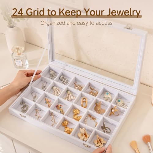 Frebeauty 24 Grid Earring Organizer,Velvet Jewelry Tray with Clear Lid - color: White, size: 24 Grid