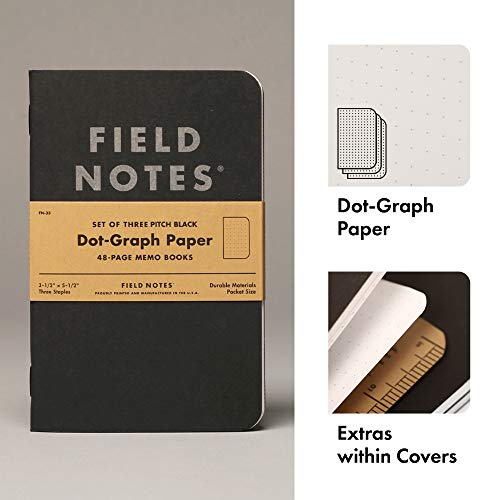 Field Notes 3-Pack Pitch Black Memo Books (3.5" X 5.5"), Dot-Graph, 48 Pages | Thin Pocket Sized EDC Notebook With 90 GSM Paper & Paperback Cover | Work Notebooks For Note Taking | Made in the USA - size: Small Size (3.5" x 5.5") 3-Pack - Dot-Graph Paper