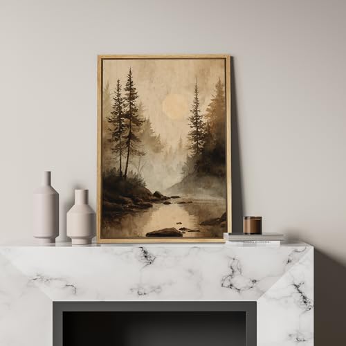 SIGNFORD Framed Canvas Print Wall Art Misty Forest River Landscape Rustic Woodland Nature Scene with Sun Illustrations Modern Art Decorative Relax/Zen for Living Room, Bedroom, Office - 24x36 Natural - color: B08-2508-ll30, size: 36"L x 24"W