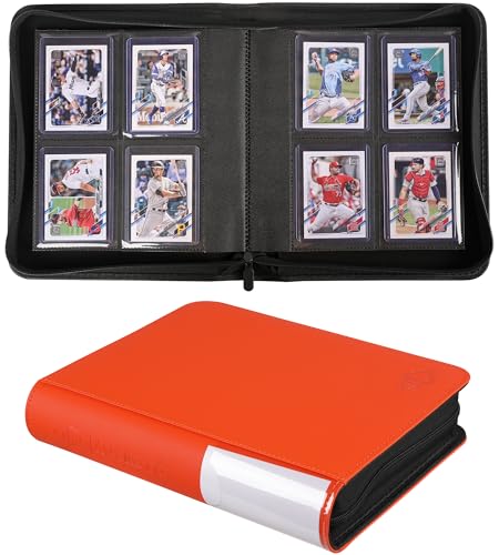 Top Loader Binder, Holds 128 Cards, 4 Pocket Zipper Binder for 3" x 4" Top Loader, Ringless Side-Loading Pages, Collectible Sports & Hard Sleeve Card Album (Bright Orange) - color: Orange