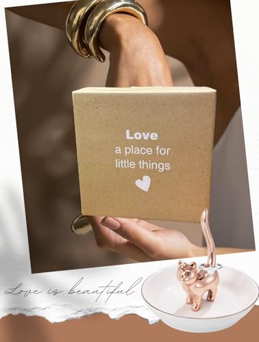 ROSA&ROSE Ring Holder Jewelry Tray–Handmade Cat Ring Dish,Romantic Gift for Her,Wedding,Birthday Gift for Girlfriend,Wife Personalized Jewelry Holder,Cute Cat Decor - color: Rose gold-2