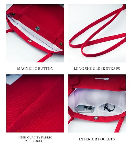 Corduroy Tote Bag Cute Tote Bags for Women Shoulder Bag with Inner Pocket for Work Beach Travel and Shopping Grocery - style: Red