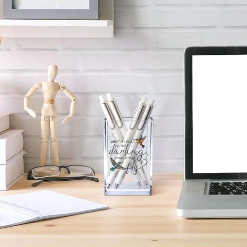 What If I Fall What If You Fly Acrylic Cosmetic Pencil Pen Holder Cup, Hummingbird Lover Gifts Desk Organizer Accessory for Office Decor, Inspirational Gifts for Women Girl Coworker Boss Friend - style: What If
