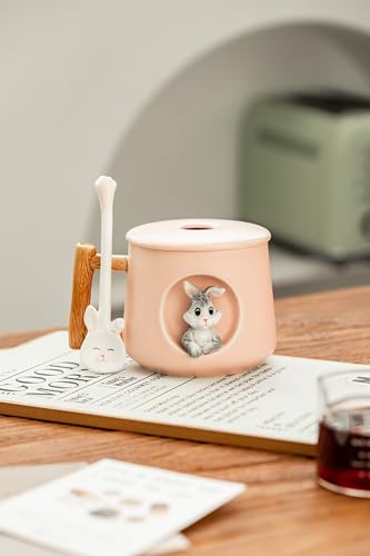 DIHOclub Adorable 3D Ceramic Rabbit Mug with Lid and Spoon Perfect for Coffee, Tea, Milk, and More - Ideal Gift for Bunny Lovers - 14 Ounces (Pink) - color: Pink