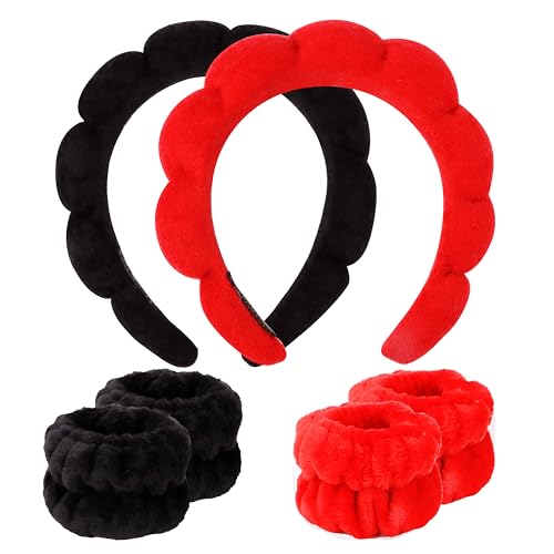SPA Headbands for Washing Face Makeup Headbands with Bow Hair Band Women Facial Head Band Wrist Towel Wraps For Shower Face Mask Black Red Pink, 6 Pack - color: Black Red Pink