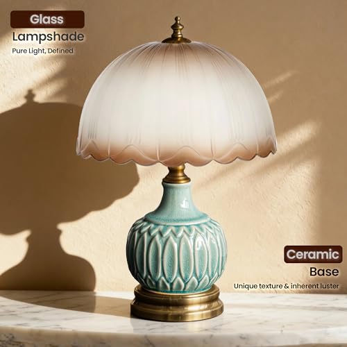Vintage Green Ceramic Small Table Lamp with Amber Glass Shade - color: Amber