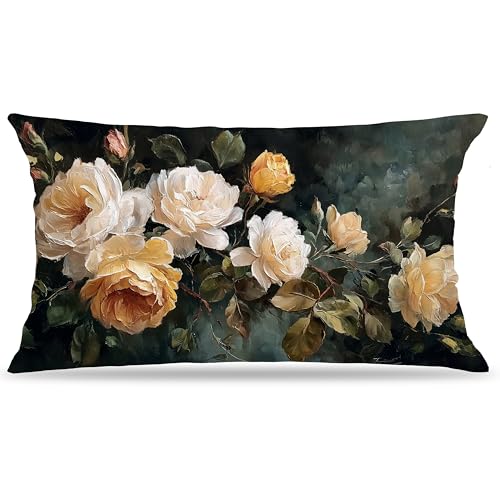 Vintage Spring Summer Dark Green Floral Pillow Covers 12x20 Double-Sided,Rustic Farmhouse Easter Wildflower Flower Botanical Decorative Throw Pillow Covers for Home Bedroom Living Room - color: Floral-15, size: 20" x 12" (Pack of 1)